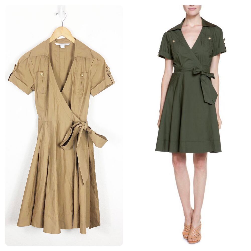 Diane Von Furstenberg KALEY Cotton Wrap Dress  Size 6 Tan Utility Fit & Flare